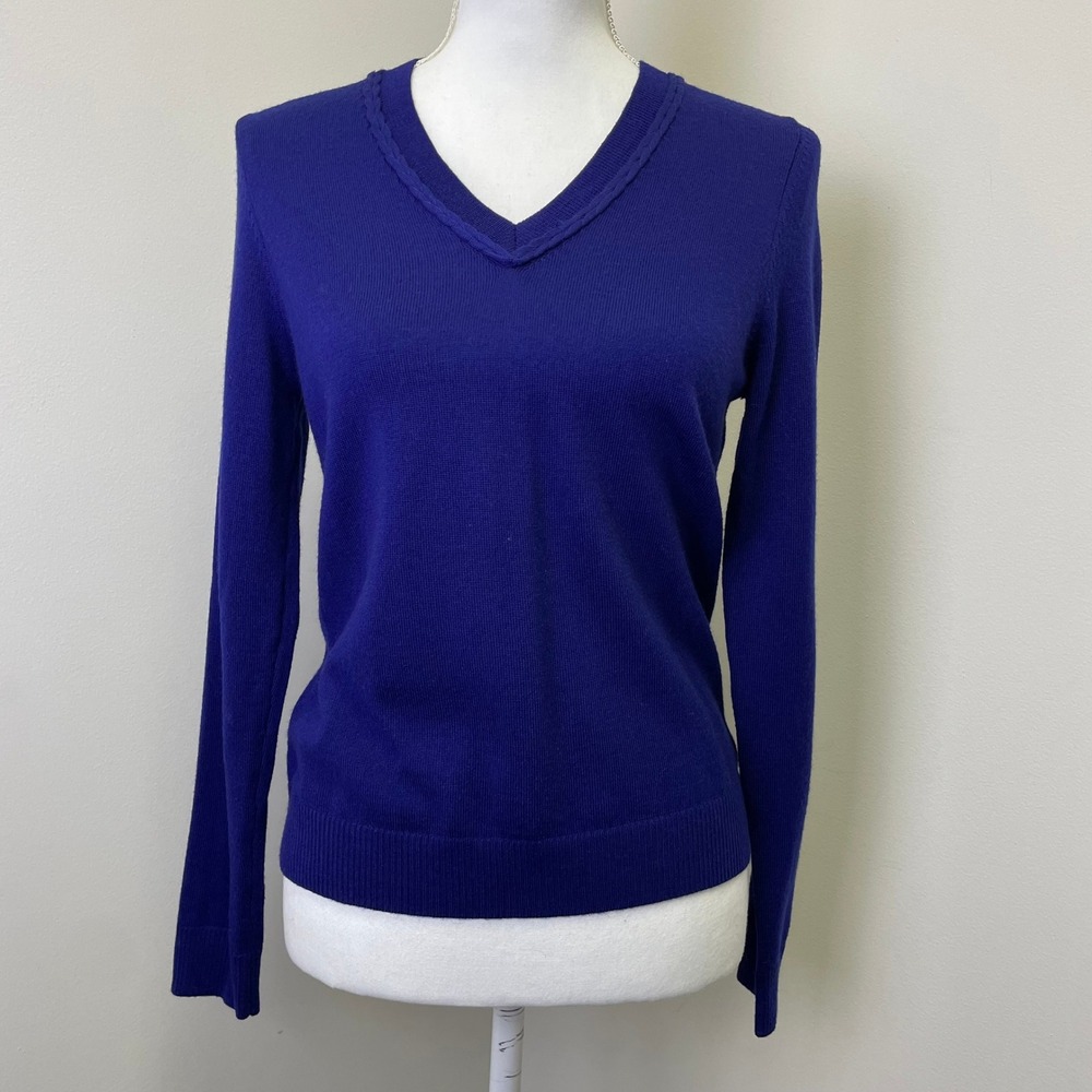 Brooks Brothers 346 Womens Royal Blue 100%Merino Wool Braided V-Neck Sweater S